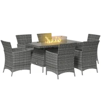 Outsunny 7 Pieces Outdoor Rattan Garden Furniture with Fire Pit Table, 6 Seater Garden Table and Chairs with Cushions, Rattan Dining Set with Propane Heater Table, Windscreen, 50,000 BTU, Grey(m-1)