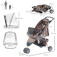 PawHut Dog Stroller with Cover for Small Miniature Dogs, Folding Cat Pram Dog Pushchair with Cup Holder, Storage Basket, Reflective Strips, Brown(m-3)