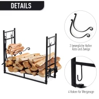 Outsunny Kaminholzregal Holzständer Holzablage mit 4 Haken 2 Schichten Metall Schwarz 84 x 33 x 76 cm(m-5)
