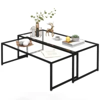 HOMCOM Lot de 2 tables basses gigognes tables de salon rectangulaires design en acier noir et plateaux en verre trempé(m-10)