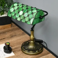 HOMCOM Stained Glass Table Lamp, Vintage Lamp with Green Handmade Shade, Metal Base, Antique Bedside Lamp for Bedroom Living Room Home Decoration(m-6)