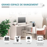 HOMCOM Bureau informatique table informatique table de salle à manger modulable avec bibliothèque adjacente design contemporain mélaminé métal chromé blanc(m-6)