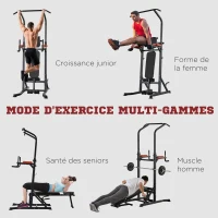 HOMCOM Station de musculation Fitness entrainement complet - barre de traction, à dips, banc de musculation pliable, poignées push-up  - acier noir(m-4)