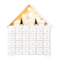HOMCOM Calendario de Adviento de Navidad Madera con 24 Cajones y Luces LED Decoración Navideña Modelo Casita 39x9x42 cm Blanco(m-11)