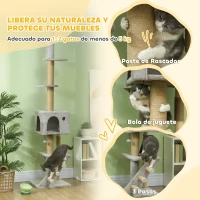 PawHut Árbol para Gatos de Suelo a Techo de 225-255 cm con Altura Ajustable Múltiples Plataformas Escalera Bola Colgante Gris(m-6)
