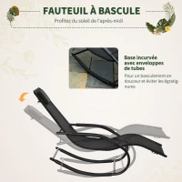 Outsunny Chaise longue à bascule rocking chair ergonomique avec tétière accoudoirs métal galvanisé textilène dim. 63l x 160P x 88H cm noir(m-4)