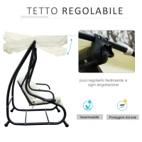 Outsunny Dondolo da Giardino 3 Posti Convertibile in Letto con Tetto Regolabile e Portabicchieri, Dondolo da Esterno in Acciaio e Poliestere, 200x120x164 cm, Crema(m-5)
