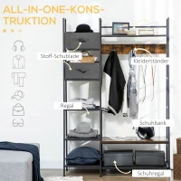 HOMCOM Garderobenständer im Industrie-Design, 8 Regalböden, 5 Kleiderhaken, 1 Schuhbank, 2 Schubladen, Grau + Braun(m-4)