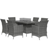 Outsunny 7 Pieces Outdoor Rattan Garden Furniture with Fire Pit Table, 6 Seater Garden Table and Chairs with Cushions, Rattan Dining Set with Propane Heater Table, Windscreen, 50,000 BTU, Grey(m-11)