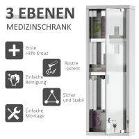 kleankin Medizinschrank aus Edelstahl und gehärtete Glastür Arzneischrank zur Medikamenten-Aufbewahrung, Abschließbar Medikamentenschrank mit 3 Fächern, Erste Hilfe Schrank, 20 x 12 x 58 cm, Silber(m-4)