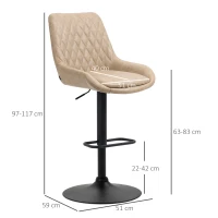 HOMCOM Retro Bar Stools Set of 2, Adjustable Kitchen Stool, Upholstered Bar Chairs with Back, Swivel Seat, Light Khaki(m-3)