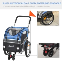 PawHut Carrello 2 in 1 Passeggino per Cani e Rimorchio Bici, Ruota Girevole Catarifrangenti e Bandierina 130x58x94cm Blu(m-5)