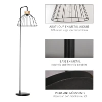 HOMCOM Lampadaire lampe à pied design élégant en métal avec décoration en rotin idéal pour maison bureau restaurant et café 44 x 34 x 154 cm noir(m-6)