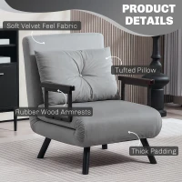 HOMCOM 4-in-1 Velvet-Feel Single Chair Bed, with Pillow - Light Grey(m-6)