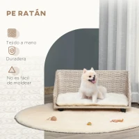 PawHut Sofá Cama de Ratán para Perros Cama Elevada para Mascotas Gatos con Cojín Suave y Lavable para Casa Interior 70,5x40x37,5 cm Beige Veteado(m-5)