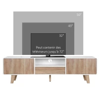 HOMCOM Meuble TV Bas sur Pied Style scandinave 2 Portes Niche tiroir MDF Blanc Aspect chêne Clair(m-8)