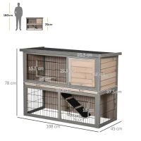 PawHut 2 Tier Wooden Rabbit Hutch Guinea Pig House Bunny Cage Backyard w/ Ramp Outdoor Run Built-in Tray Openable Roof Small Animal House Brown, 108 x 45 x 78 cm(m-3)