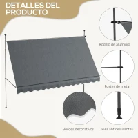 Outsunny Toldo Manual Retráctil con Manivela 350x120x210-300 cm con Altura Ajustable Impermeable y Anti-UV Gris Oscuro(m-7)