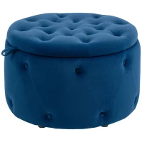 HOMCOM Pouf Poggiapiedi Rotondo con Vano Contenitore in Velluto Trapuntato, Ø60 x 40 cm, Blu Scuro(m-10)