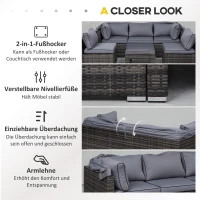 Outsunny Rattan Lounge Set, Sitzgruppe mit Sonnendach, Garten Loungegruppe, inkl. Kissen und Beistelltisch, Metall, Grau, 215 x 75 x 64 cm(m-6)