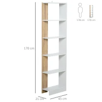 HOMCOM Estantería de Almacenaje con 5 Estantes Librería Multiusos para Estudio Oficina con Base Elevada Diseño Elegante 45x21x170 cm Blanco y Roble(m-3)