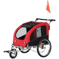 HOMCOM Remorque vélo Jogger 2 en 1 pour Animaux Drapeau Roue Avant pivotante réflecteurs et Barre d'attelage Inclus Rouge Noir(m-10)