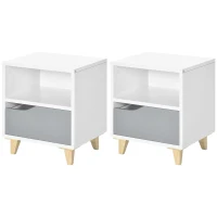 HOMCOM Set of 2 Modern Bedside Tables with Shelves, Drawers and Wood Legs, 36.8cm x 33cm x 43.8cm, White and Grey(m-11)