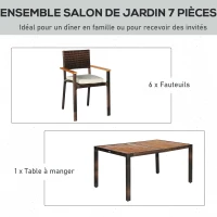 Outsunny Ensemble de table et 6 chaises de jardin en résine tressée avec coussins d'assise et plateau table en bois d'acacia - marron(m-4)