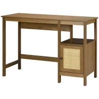 HOMCOM Scrivania in Legno con Ripiano e Armadietto con Anta in Rattan Stile Boho, 110x48x76cm, Noce(m-10)