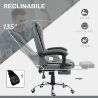 HOMCOM Sedia da Ufficio Ergonomica Reclinabile a 145° con Poggiapiedi Estraibile in Finta Pelle, Grigio(m-5)