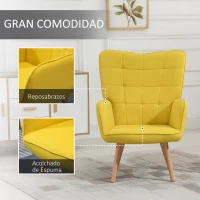 HOMCOM Sillón Individual con Respaldo Alto Reposabrazos Tela de Lino y Patas de Madera para Comedor Cocina 71x76x101cm Amarillo(m-4)