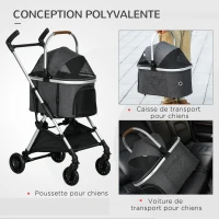 PawHut Poussette pour chiens 3 en 1 pliable panier de transport avec poignée habillage de pluie 77 x 44 x 100 cm gris(m-4)