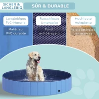 PawHut Hundebadewanne faltbar Badewanne Hundepool Plantschbecken Swimmingpool Wasserbecken für Hunde und Katzen Schwimmbecken Kunststoff+Holz Blau Ø120 x H30 cm(m-7)