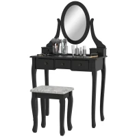 Tocador + Taburete y Espejo Mesa Maquillaje 5 Cajones Blanco Negro Mesa MDF NUE (Negro)(m-7)
