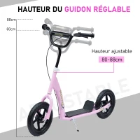 HOMCOM Trottinette enfant patinette pneus 30 cm Hauteur Guidon réglable poignée Frein et béquille Acier pour enfants à partir de 5 ans Rose(m-5)