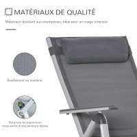 Outsunny Bain de soleil transat pliable dossier inclinable multi-positions têtière fournie alu. textilène gris(m-8)