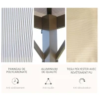Outsunny Tonnelle pavillon de jardin avec toit rigide polycarbonate imperméable 4 parois latérales anti-UV moustiquaires 3 x 3 m marron et kaki(m-5)