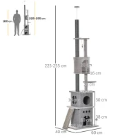 PawHut 255cm Floor To Ceiling Cat Tree for Indoor Cats Climber Scratching Post Adjustable Height Play Tower Removable Cover Grey(m-3)
