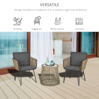 Outsunny Set 2 Poltroncine con Tavolino da Esterno in Rattan PE Stile Boho, Cachi e Grigio(m-7)