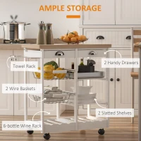 HOMCOM Rolling Kitchen Island Trolley Cart Drawer Shelves Basket Wheels W/  6 Bottle Wine Rack White(m-5)