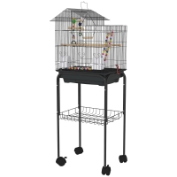 PawHut Pajarera con Ruedas Múltiples Puertas 2 Comederos 2 Perchas Columpio Escaleras y Bandeja Extraíble 46x36x120 cm Negro