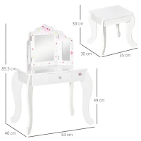 HOMCOM Kids Vanity Table and Chair Set with Tri-Folding Mirror and Stool, Makeup Dressing Table with Drawer, White(m-3)