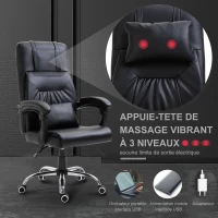 HOMCOM Fauteuil de bureau chaise pour ordinateur ergonomique appuie-tête de massage vibrant pivotant 360° réglable roulettes 64 x 63 x 113-121 cm noir(m-6)