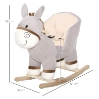 HOMCOM Cheval à Bascule modèle âne Fonction Musicale Selle Grand Confort Peluche Courte Douce Bois peuplier Gris dim. 61L x 34l x 58H cm(m-3)