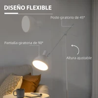 HOMCOM Lámpara de Pie para Salón con Brazo Oscilante Altura Ajustable y Pantalla Giratorio 90° Ø30x131-155 cm Blanco(m-4)