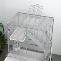PawHut Cage pour petits animaux sur roulettes 2 niveaux avec 2 portes, 1 rampe, 1 étagère de rangement 61,5 x 44,5 x 86 cm gris(m-9)
