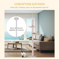 PawHut Arbre chat du sol au plafond poteau à griffer L40 x l 34 x H 230-260 cm 5 niveaux d'activités beige(m-5)