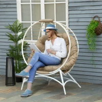 Outsunny Fauteuil cocon œuf sur pied pliant 118 x 75 x 142 cm avec coussin beige inclus métal résine blanc et beige(m-2)