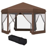Outsunny 3.5m x 4m Hexagonal Pop Up Gazebo, Canopy Tent Sun Shelter for Patio Outdoor Party, Height Adjustable, with Mosquito Netting and Carry Bag - Brown(m-11)