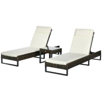 Outsunny Three-Piece Reclining Lounger Set, with Glass-Top Table - Cream(m-11)